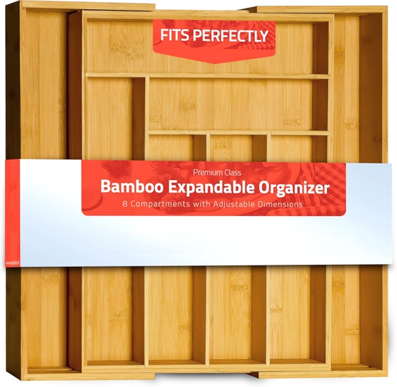 منظم أدراج من الخيزران قابل للتوسيع من يوتوبيا كيتشن لأدوات المطبخ، وأدوات المائدة، وأدوات السكاكين - حامل أدوات المائدة وصينية